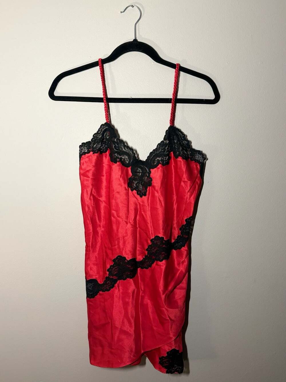 Vintage Victoria's Secret Gold Label Red Satin Black Lace Chemise Slip Dress Siz